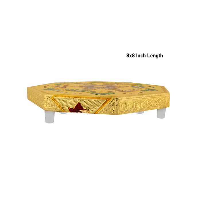 Pooja Chowki With Base - 1.25 X 8 X 8 Inches | Gold Polish Bajot/ Manai Palagai/ Flower Design Patla For Pooja