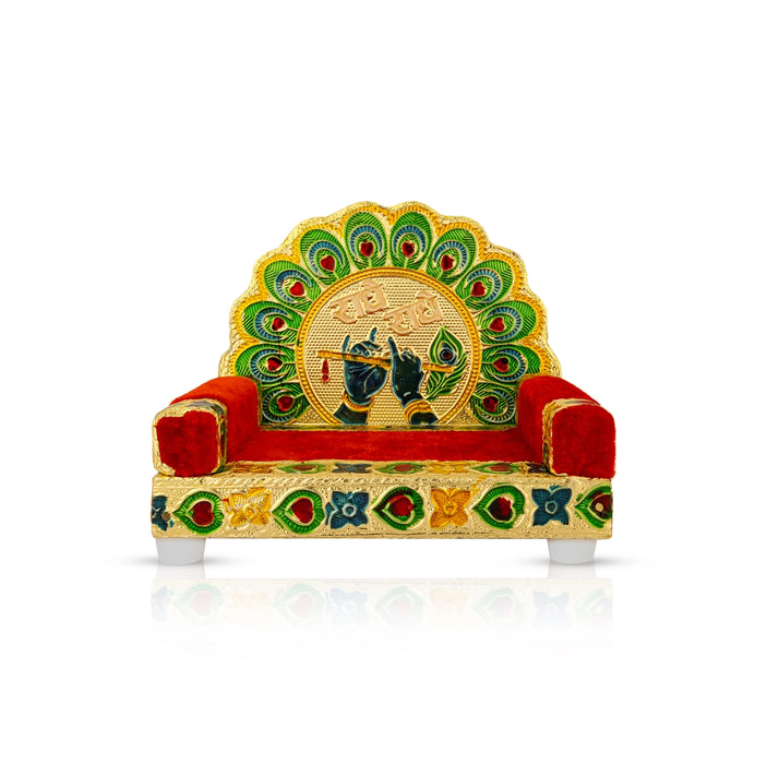 Simhasan - 4.5 x 5 Inches | Meenakari Design Velvet Simhasanam/ Wooden Singhasan For Deity Seating