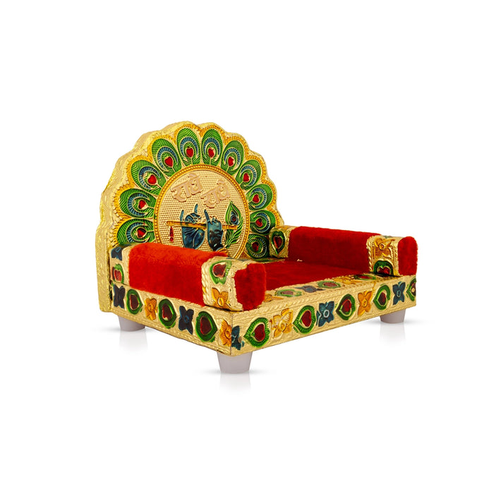 Simhasan - 4.5 x 5 Inches | Meenakari Design Velvet Simhasanam/ Wooden Singhasan For Deity Seating