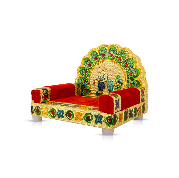Simhasan - 4.5 x 5 Inches | Meenakari Design Velvet Simhasanam/ Wooden Singhasan For Deity Seating
