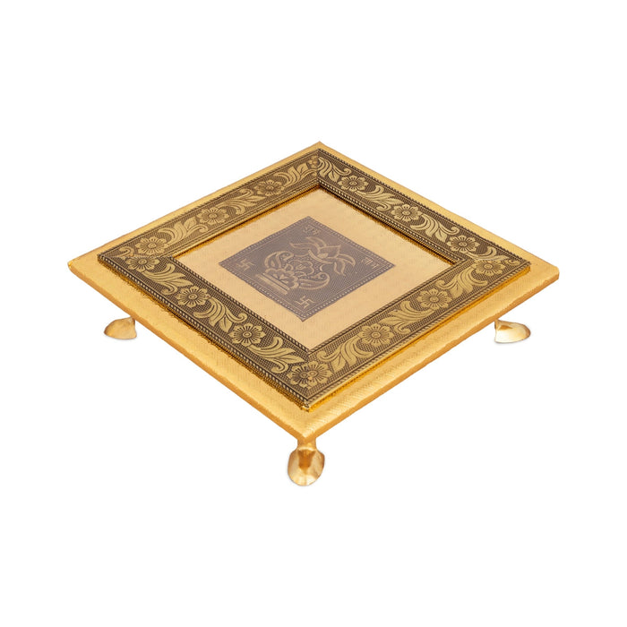Wooden Chowki With Metal Leg - 1.75 X 8 X 8 Inches | Kalash & Flower Design Patla/ Gold Polish Bajot For Pooja