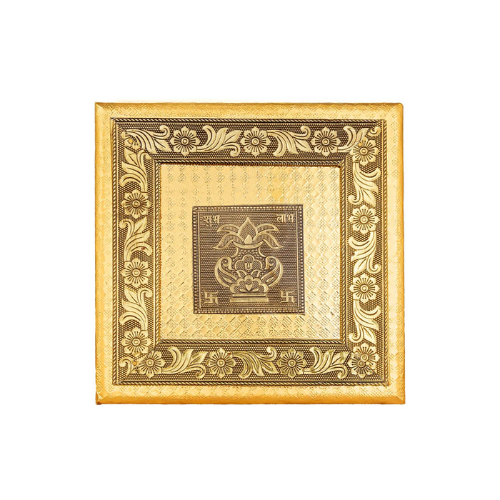 Wooden Chowki With Metal Leg - 1.75 X 8 X 8 Inches | Kalash & Flower Design Patla/ Gold Polish Bajot For Pooja