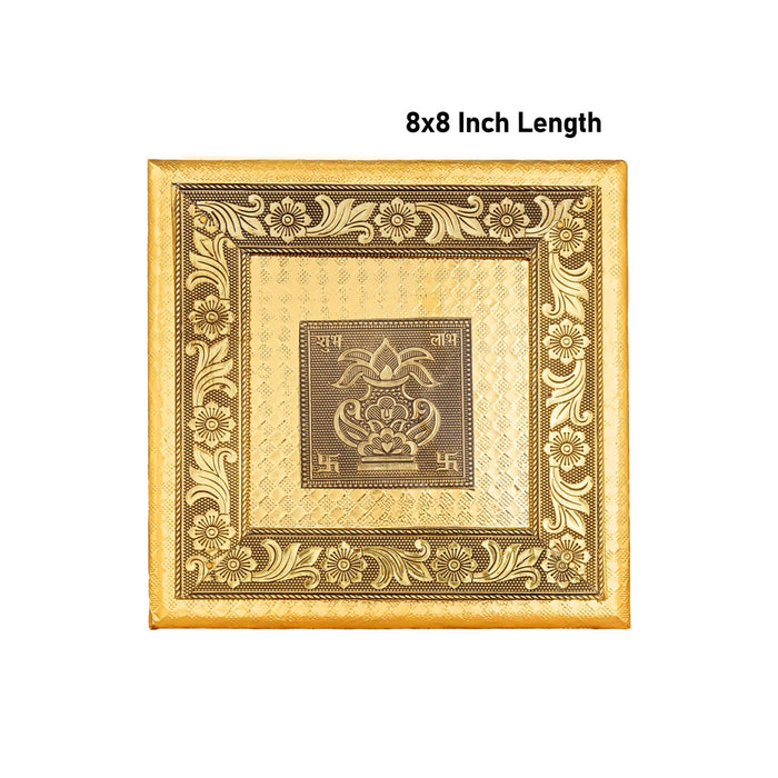 Wooden Chowki With Metal Leg - 1.75 X 8 X 8 Inches | Kalash & Flower Design Patla/ Gold Polish Bajot For Pooja