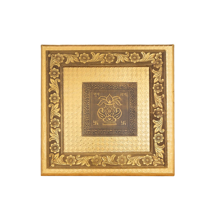 Wooden Chowki With Metal Leg- 1.75 X 10 X 10 Inches | Kalash & Flower Design Patla/ Gold Polish Bajot For Pooja