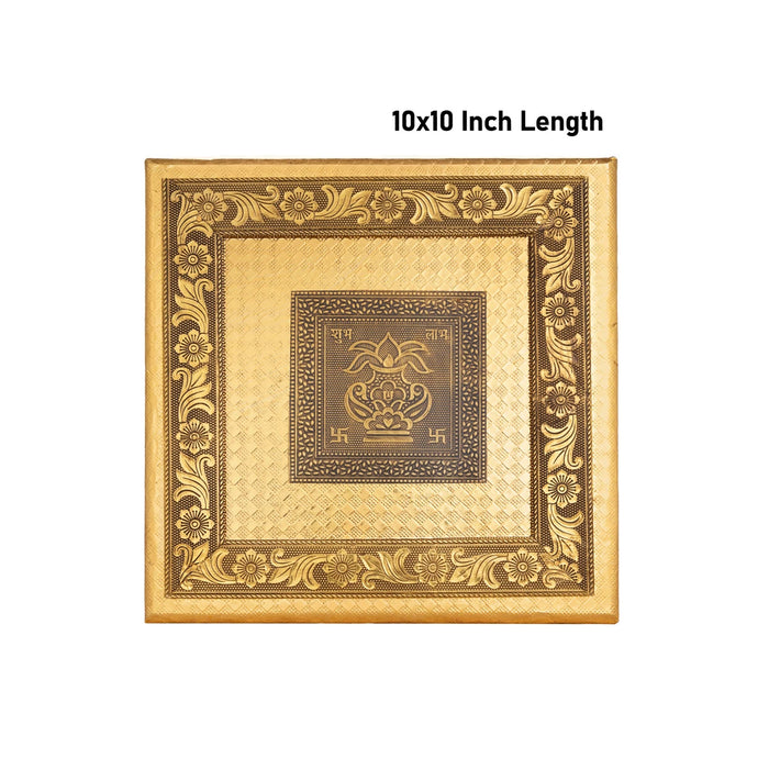 Wooden Chowki With Metal Leg- 1.75 X 10 X 10 Inches | Kalash & Flower Design Patla/ Gold Polish Bajot For Pooja