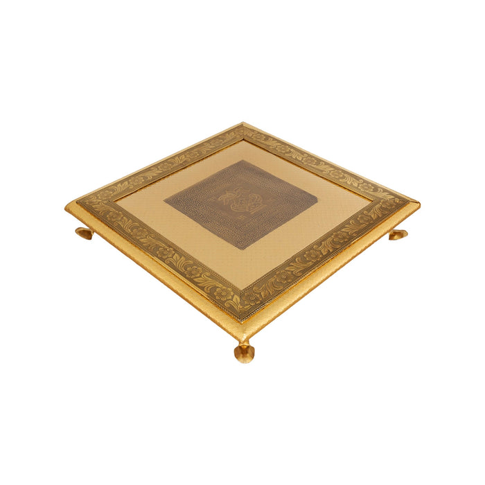 Wooden Chowki With Metal Leg- 1.75 X 12 X 12 Inches | Kalash & Flower Design Patla/ Gold Polish Bajot For Pooja