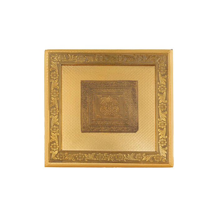 Wooden Chowki With Metal Leg- 1.75 X 12 X 12 Inches | Kalash & Flower Design Patla/ Gold Polish Bajot For Pooja