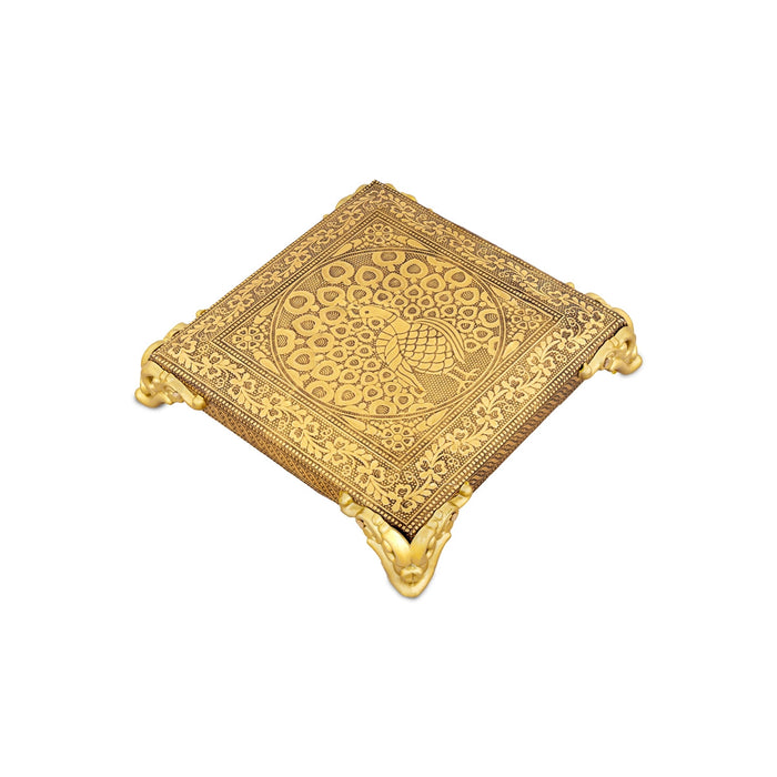Chowki With Base - 1 X 6 X 6 Inches | Peacock Design Patla/ Gold Polish Bajot/ Manai Palagai For Pooja