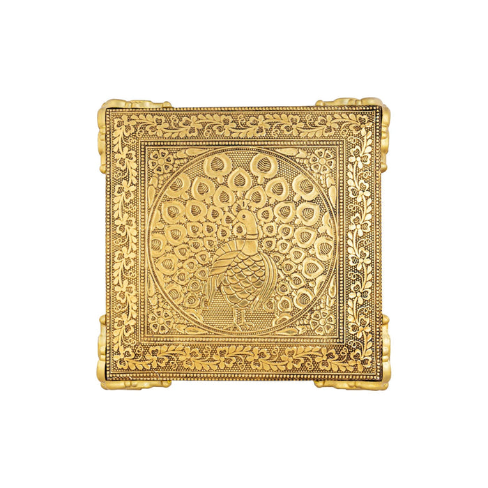 Chowki With Base - 1 X 6 X 6 Inches | Peacock Design Patla/ Gold Polish Bajot/ Manai Palagai For Pooja