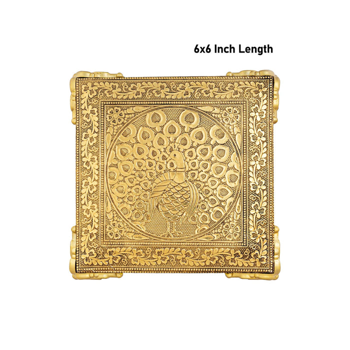 Chowki With Base - 1 X 6 X 6 Inches | Peacock Design Patla/ Gold Polish Bajot/ Manai Palagai For Pooja