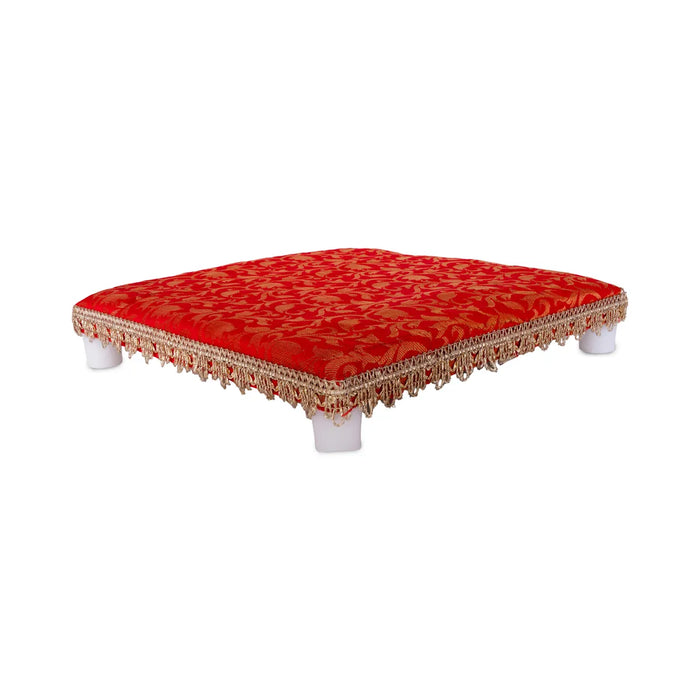 Chowki With Cushion - 10 X 10 Inches | Wooden Pooja Chowki/ Cushion Seat/ Bajot For Mandir & Home Pooja