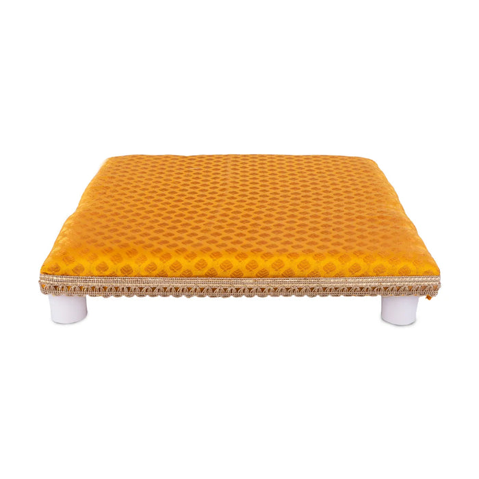 Chowki With Cushion - 12 X 12 Inches | Wooden Pooja Chowki/ Cushion Seat/ Bajot For Mandir & Home Pooja