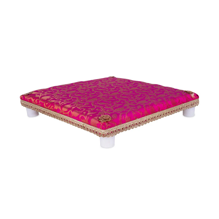 Chowki With Cushion - 12 X 12 Inches | Wooden Pooja Chowki/ Cushion Seat/ Bajot For Mandir & Home Pooja