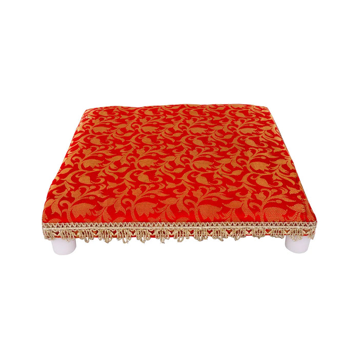 Chowki With Cushion - 12 X 12 Inches | Wooden Pooja Chowki/ Cushion Seat/ Bajot For Mandir & Home Pooja