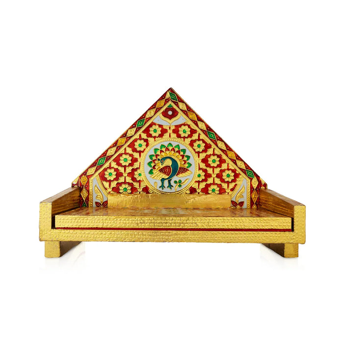 Simhasan - 10 X 7.75 Inches | Wooden Golden Singhasan/ Deity Throne/ Idol Seat For Pooja & Mandir Decor