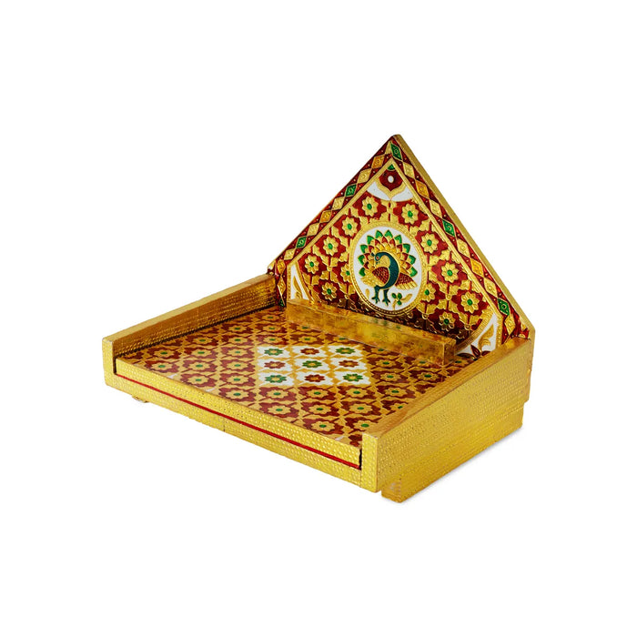 Simhasan - 10 X 7.75 Inches | Wooden Golden Singhasan/ Deity Throne/ Idol Seat For Pooja & Mandir Decor