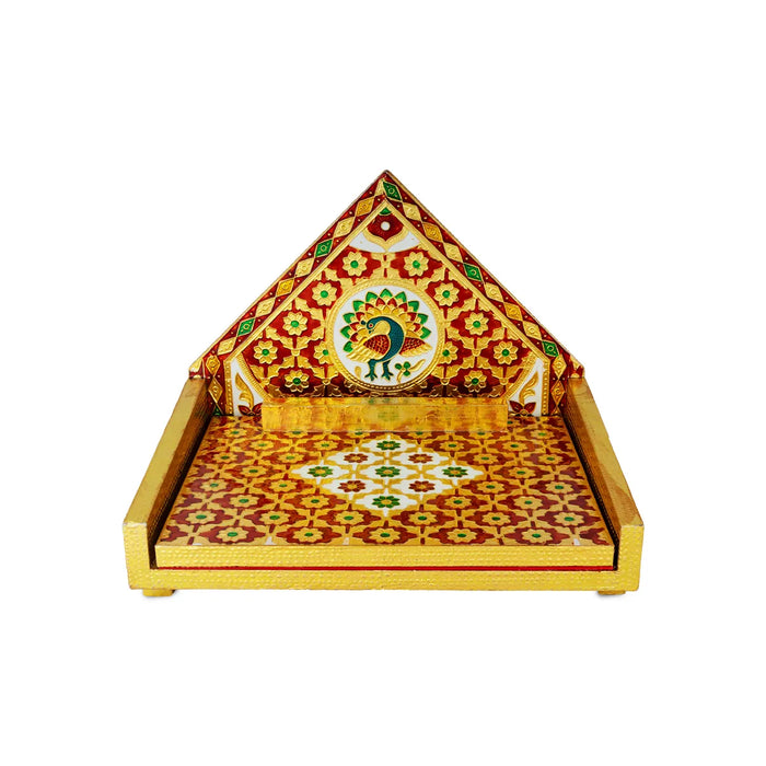 Simhasan - 10 X 7.75 Inches | Wooden Golden Singhasan/ Deity Throne/ Idol Seat For Pooja & Mandir Decor