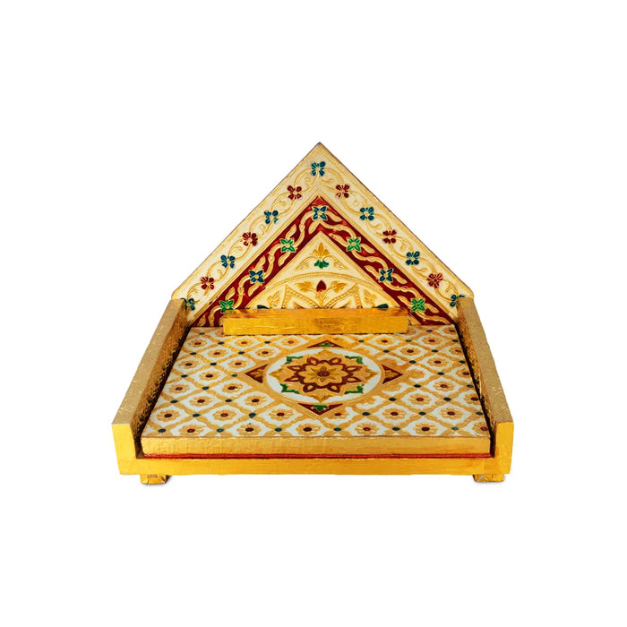 Simhasan - 10 X 7.75 Inches | Wooden Golden Singhasan/ Deity Throne/ Idol Seat For Pooja & Mandir Decor