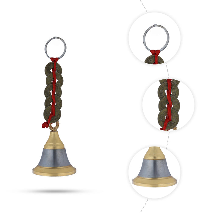 Pooja Bell - 5.5 Inches | Brass Decorative Bell with Coins/ Wall hanging Bell for Pooja Room & Home Decor