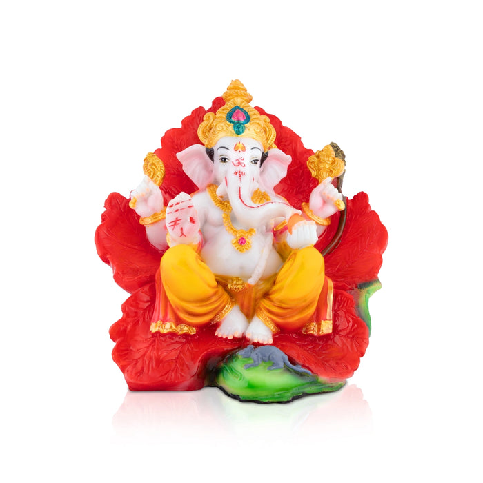 Ganesha Sitting On Hibiscus Murti - 6.5 x 7 Inches | Resin Idol/ Ganesha Statue For Pooja Space