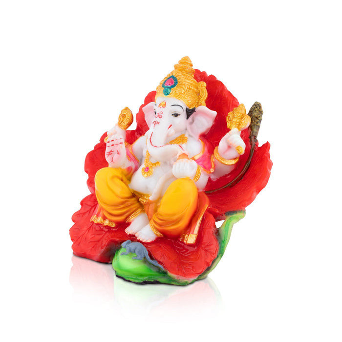 Ganesha Sitting On Hibiscus Murti - 6.5 x 7 Inches | Resin Idol/ Ganesha Statue For Pooja Space