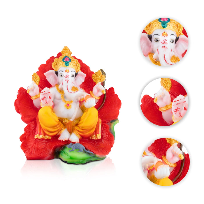 Ganesha Sitting On Hibiscus Murti - 6.5 x 7 Inches | Resin Idol/ Ganesha Statue For Pooja Space
