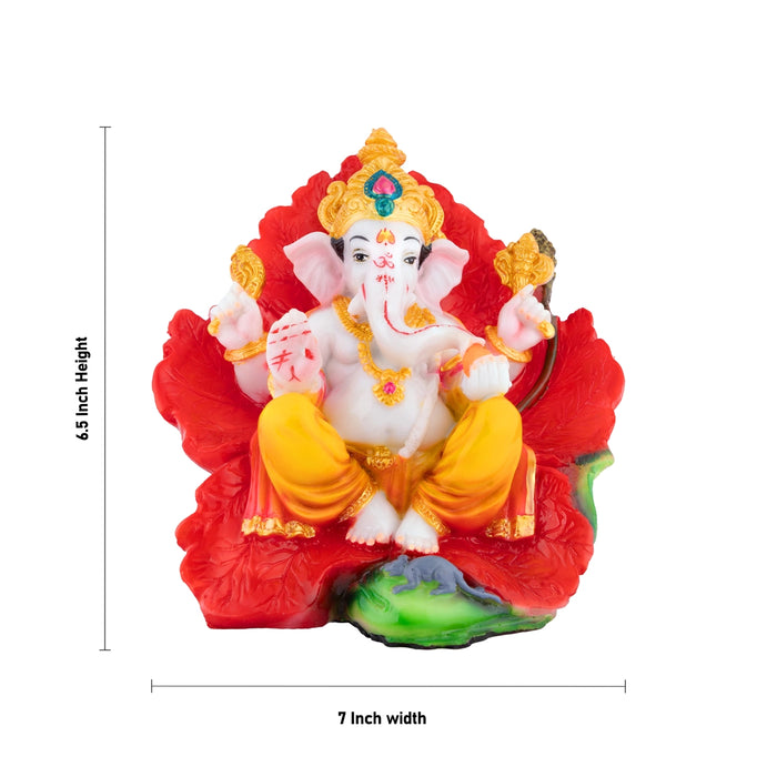 Ganesha Sitting On Hibiscus Murti - 6.5 x 7 Inches | Resin Idol/ Ganesha Statue For Pooja Space
