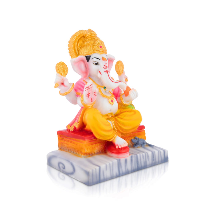 Vinayagar Sitting On Base Idol - 7 x 5 Inches | Resin Statue/ Right Leg Ganpati Murti For Festive Decor