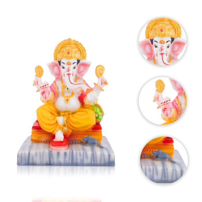 Vinayagar Sitting On Base Idol - 7 x 5 Inches | Resin Statue/ Right Leg Ganpati Murti For Festive Decor