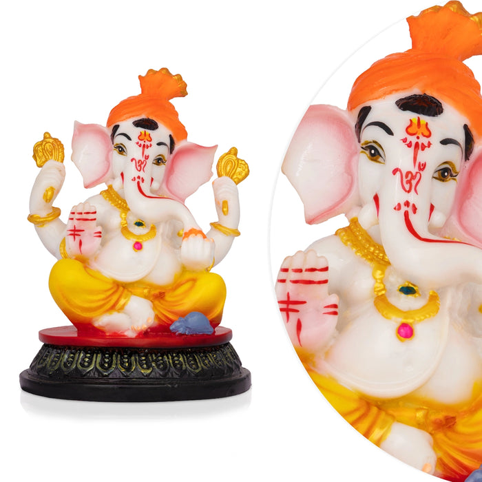 Mukut Ganesha Sitting On Round Base Idol - 7 x 4.75 Inches | Resin Statue/ Ganpati Murti For Home & Pooja