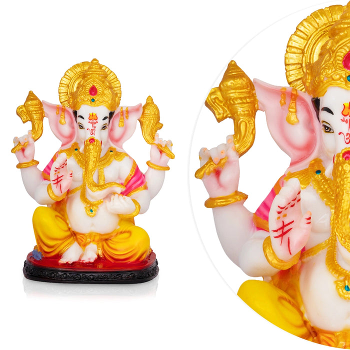 Ganpati Murti - 9 x 7 Inches | Resin Statue/ Decorative Seated Ganesha Idol with Crown For Festive Decor