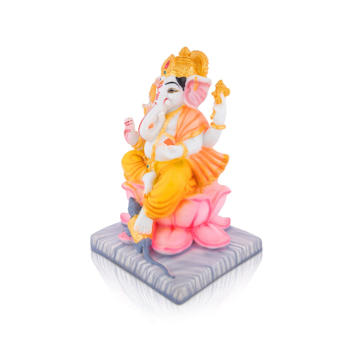 Vinayagar Sitting On Lotus Base Murti - 10 x 7 Inches | Resin Statue/ Ganesha Idol with Crown For Festive Decor