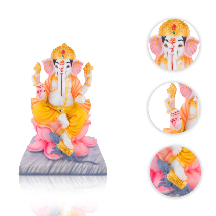 Vinayagar Sitting On Lotus Base Murti - 10 x 7 Inches | Resin Statue/ Ganesha Idol with Crown For Festive Decor