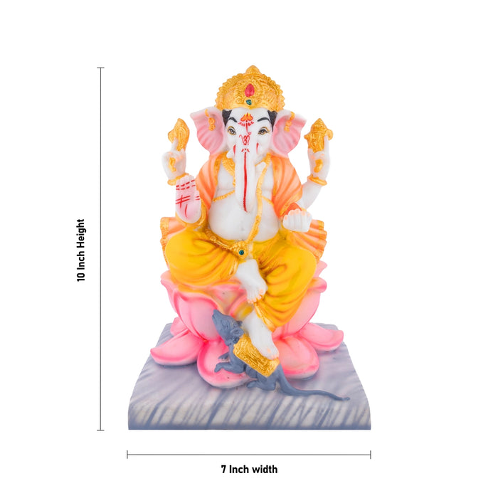 Vinayagar Sitting On Lotus Base Murti - 10 x 7 Inches | Resin Statue/ Ganesha Idol with Crown For Festive Decor