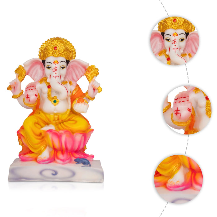 Ganapati Sitting On Lotus Base Murti - 7 x 5 Inches | Marble Dust Idol/ Vinayagar Statue For Pooja Room
