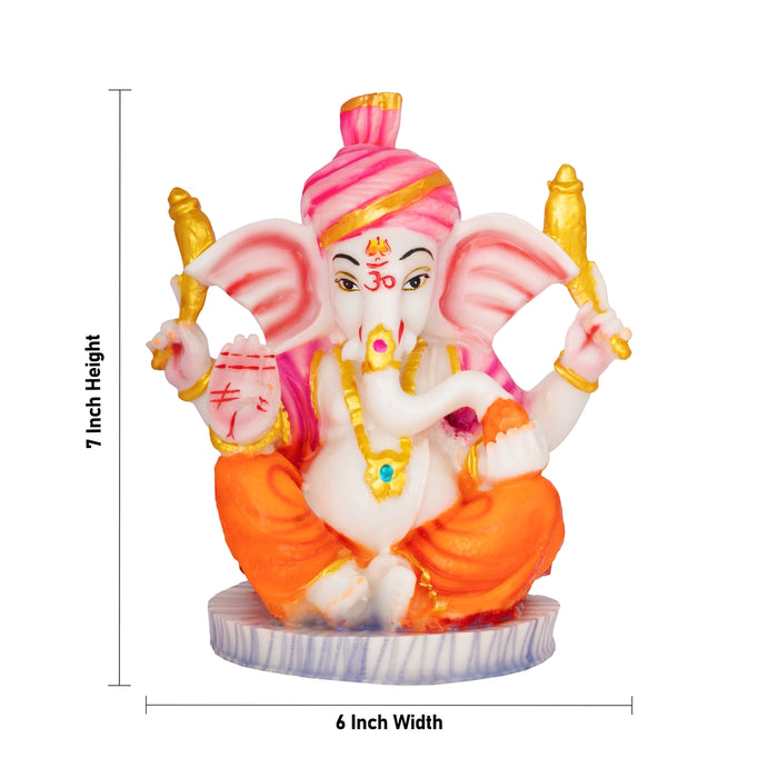 Mukut Ganesha Sitting On Round Base Murti - 7 x 6 Inches | Resin Idol/ Ganpati Statue For Pooja Room