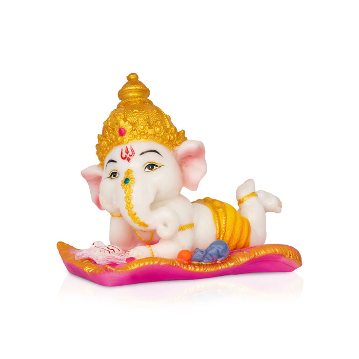 Ganesha Sleeping Reading Statue - 5 x 5.5 Inches | Resin Idol/ Vinayagar Murti For Pooja Space