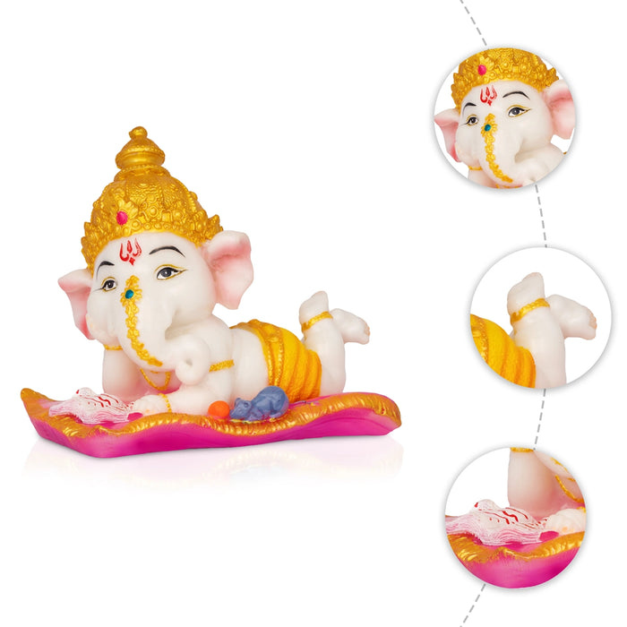 Ganesha Sleeping Reading Statue - 5 x 5.5 Inches | Resin Idol/ Vinayagar Murti For Pooja Space