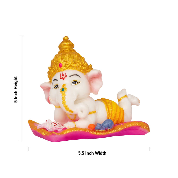 Ganesha Sleeping Reading Statue - 5 x 5.5 Inches | Resin Idol/ Vinayagar Murti For Pooja Space