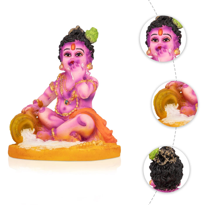 Krishna Sitting On Base Murti - 4 x 3.25 Inches | Resin Idol/ Makhan Krishna Statue For Pooja Space