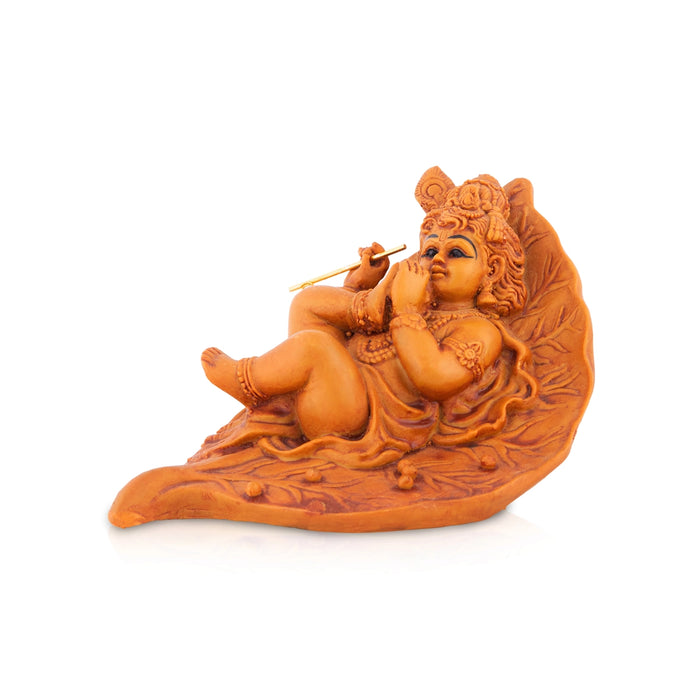 Leaf Krishna Sleeping On Base Statue - 3 x 3.25 Inches | Resin Idol/ Krishna Murti For Home & Festive Decor