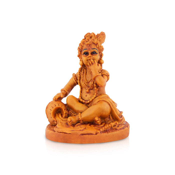 Krishna Sitting On Base Murti - 4 x 3.25 Inches | Resin Idol/ Laddu Gopal With Butter Pot Statue For Pooja Room