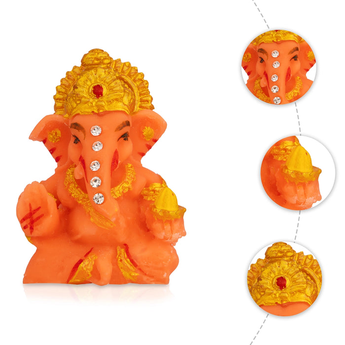 Orange Ganesha Idol - 2.25 x 1.5 Inches | Resin Statue/ Stone Design Vinayakar Murti For Living Space
