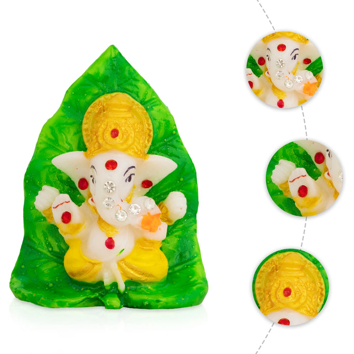 Ganesha Sitting On Betel Leaf Murti - 2.75 x 2 Inches | Stone Idol / Vinayagar Statue Pooja Space