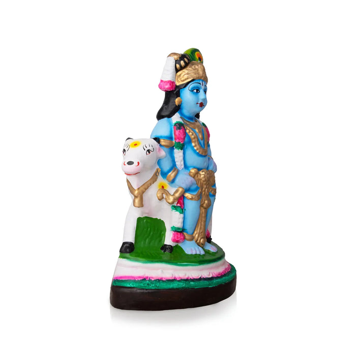 Krishna with Cow Clay Golu Bommai - 9 x 6 Inches | Giri Golu Doll/ Navaratri Golu Bomma/Gombe/Bommai