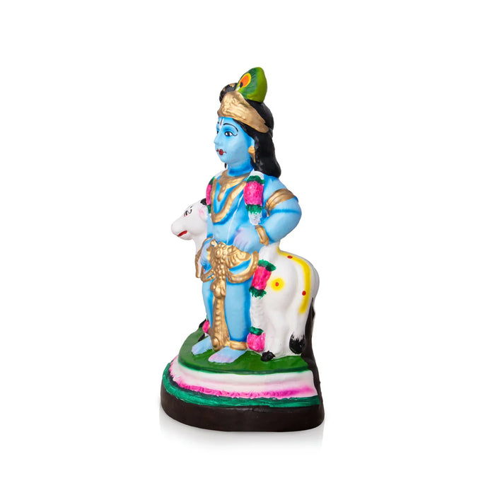 Krishna with Cow Clay Golu Bommai - 9 x 6 Inches | Giri Golu Doll/ Navaratri Golu Bomma/Gombe/Bommai