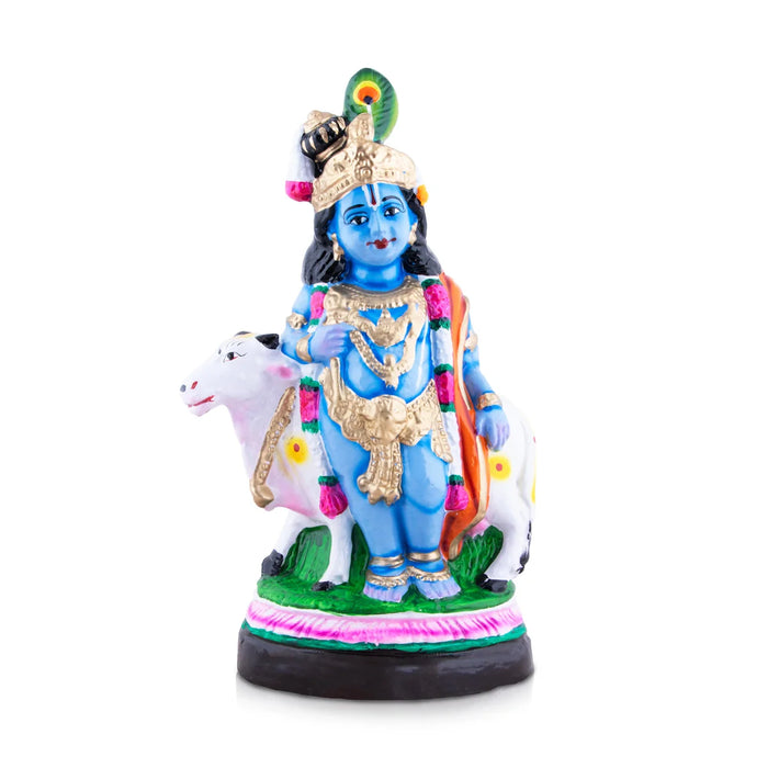 Krishna With Cow Clay Golu Bommai - 13.5 x 7 Inches | Giri Golu Doll/ Navaratri Golu Bomma/Gombe/Bommai