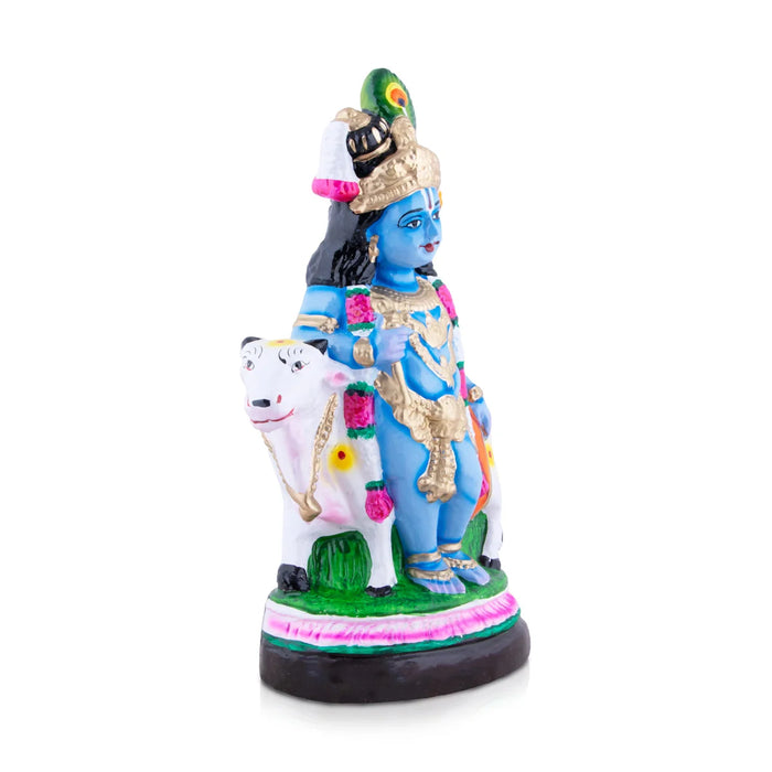 Krishna With Cow Clay Golu Bommai - 13.5 x 7 Inches | Giri Golu Doll/ Navaratri Golu Bomma/Gombe/Bommai