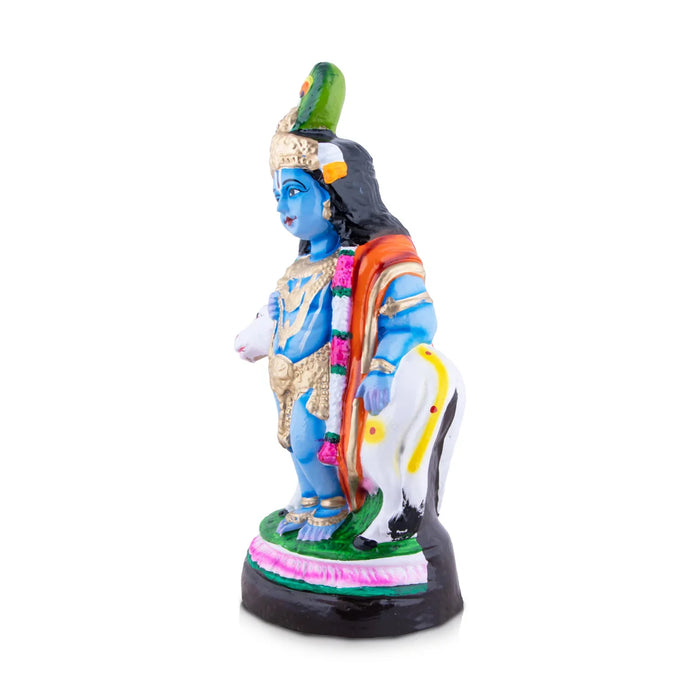 Krishna With Cow Clay Golu Bommai - 13.5 x 7 Inches | Giri Golu Doll/ Navaratri Golu Bomma/Gombe/Bommai