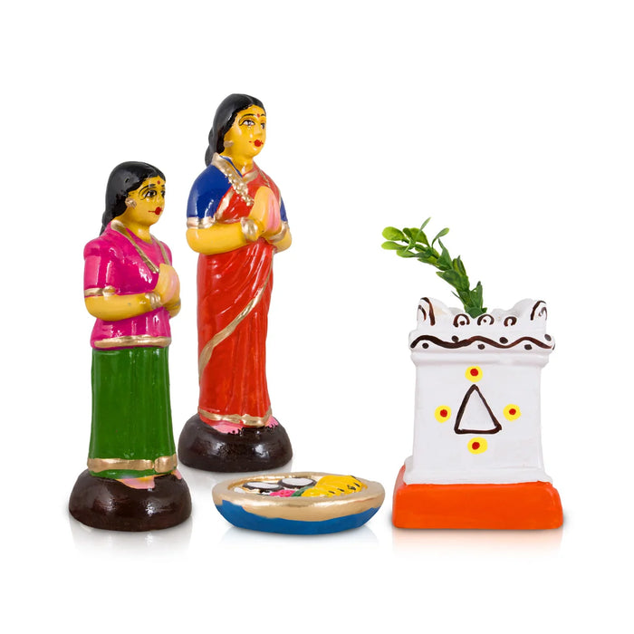 Tulasi Maadam With Women Clay Golu Bommai Set - 6 x 2.5 Inches | Giri Golu Doll/ Navaratri Golu Bomma/Gombe